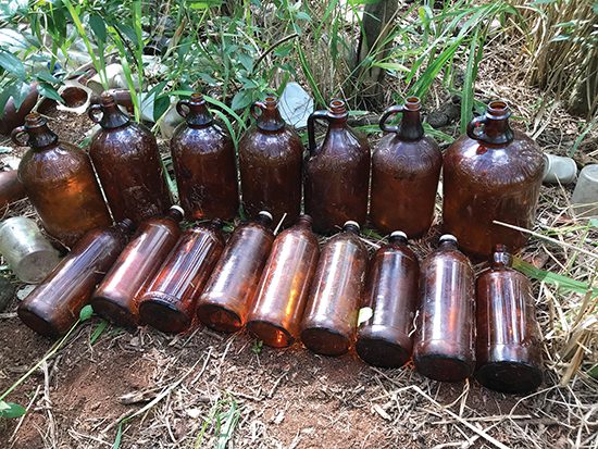 Researcher examining historical bottles discovered during archaeological digging in Hawaii